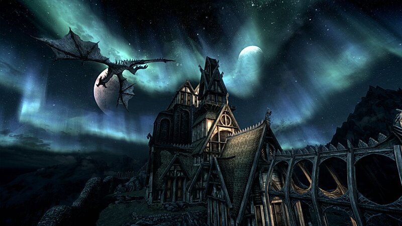 Dragon Flying over Castle — Black, Dramatic