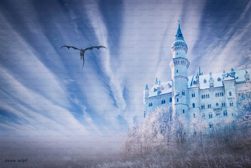 Dragon Flying over Castle — Blue