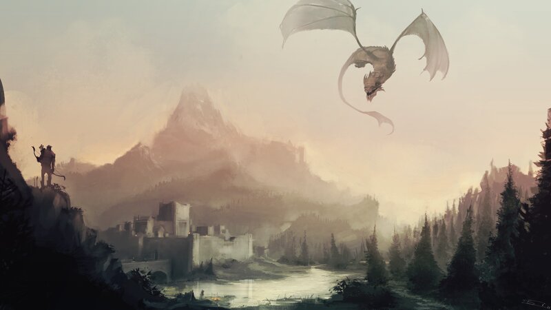 Dragon Flying over Castle — Gray, Dramatic, Sunset