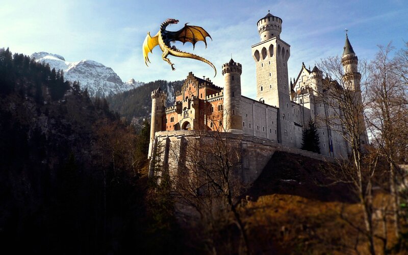 Dragon Flying over Castle — Gray, Dramatic