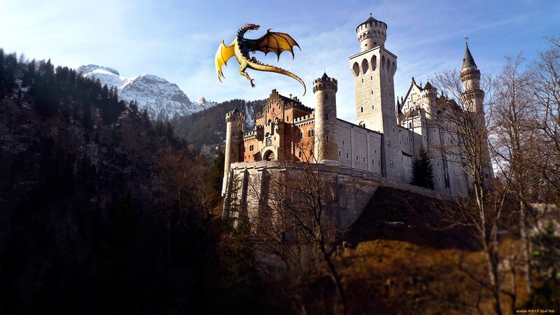 Dragon Flying over Castle — Gray