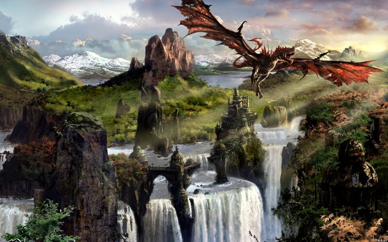 Dragon Flying over Castle — Green, Dramatic, Afternoon, Digital Art, Waterfall, Mountains, Brown