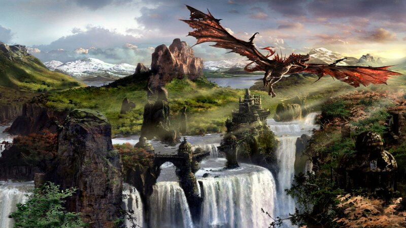 Dragon Flying over Castle — Green, Dramatic, Afternoon
