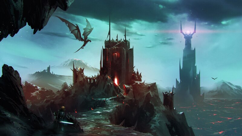 Dragon Flying over Castle — Green, Dramatic, Night