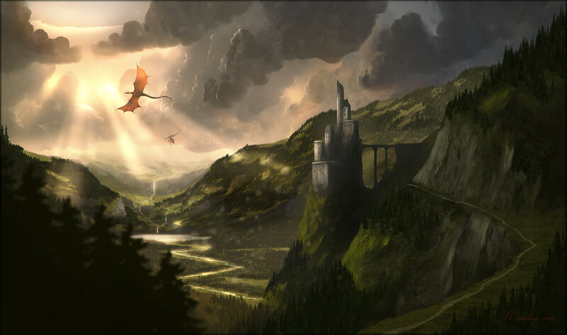 Dragon Flying over Castle — Green, Dramatic, Sunset, Digital Art