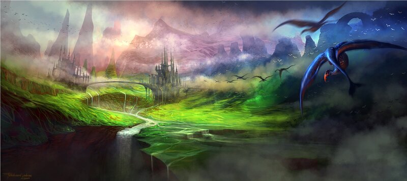 Dragon Flying over Castle — Green, Dramatic, Sunset