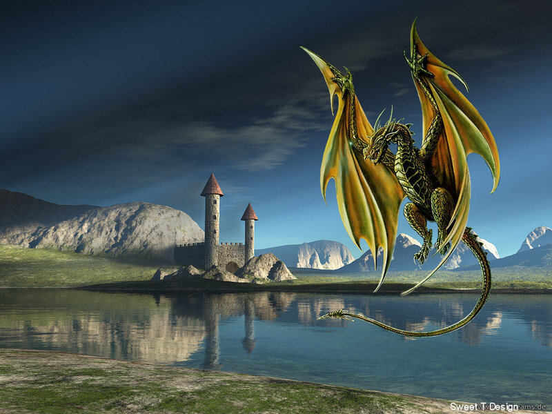Dragon Flying over Castle — Green