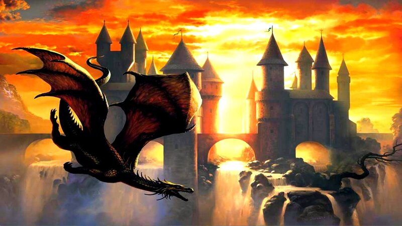 Dragon Flying over Castle — Orange
