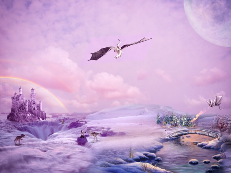 Dragon Flying over Castle — Purple