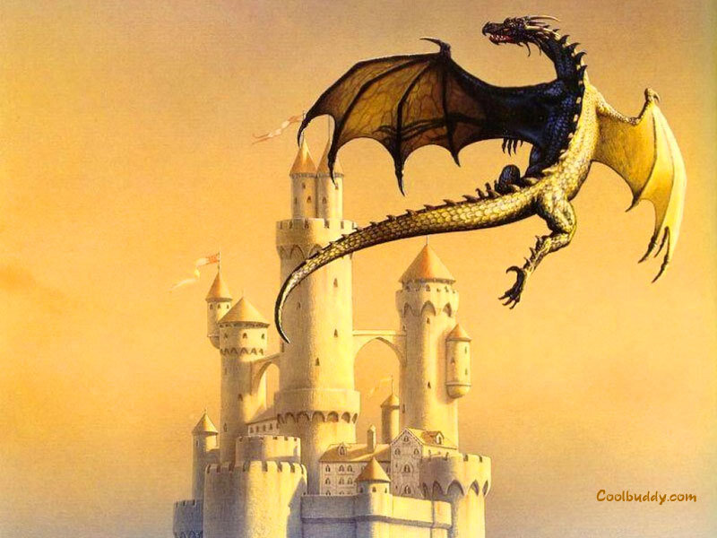 Dragon Flying over Castle — Yellow, Dramatic