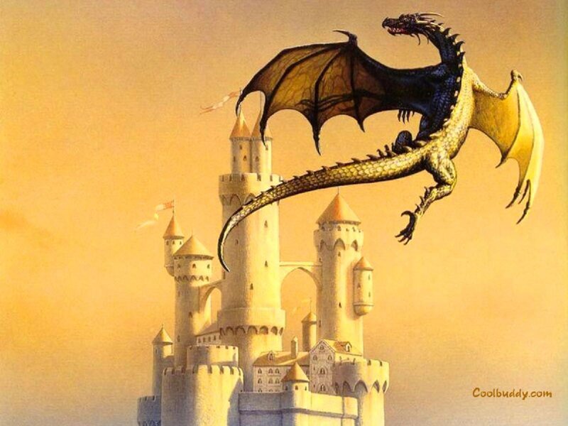 Dragon Flying over Castle — Yellow