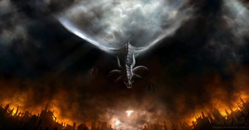 Dragon Flying over City — Black