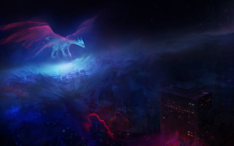 Dragon Flying over City — Blue, Dramatic