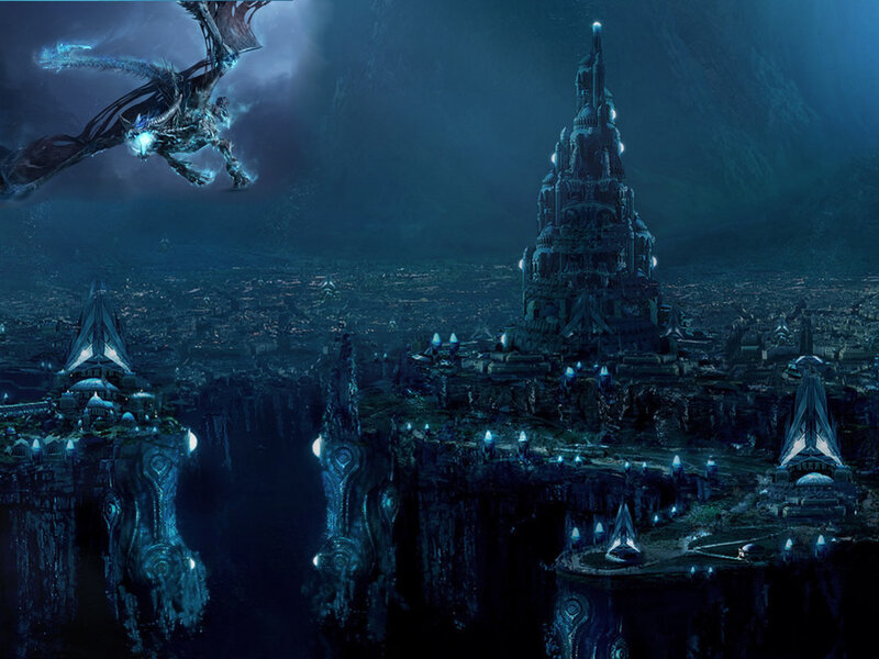 Dragon Flying over City — Blue