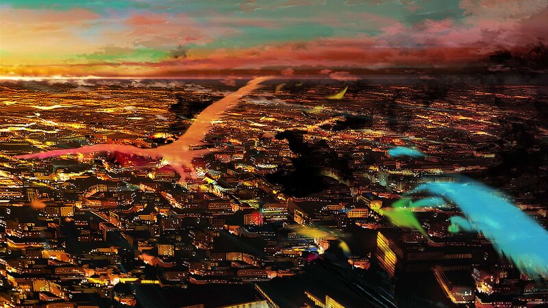 Dragon Flying over City — Orange