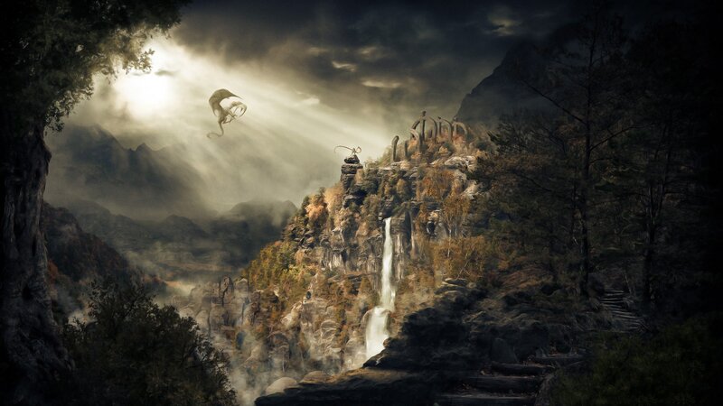 Dragon Flying over Cliff — Gray
