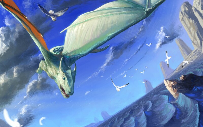 dragon flying over cliffs