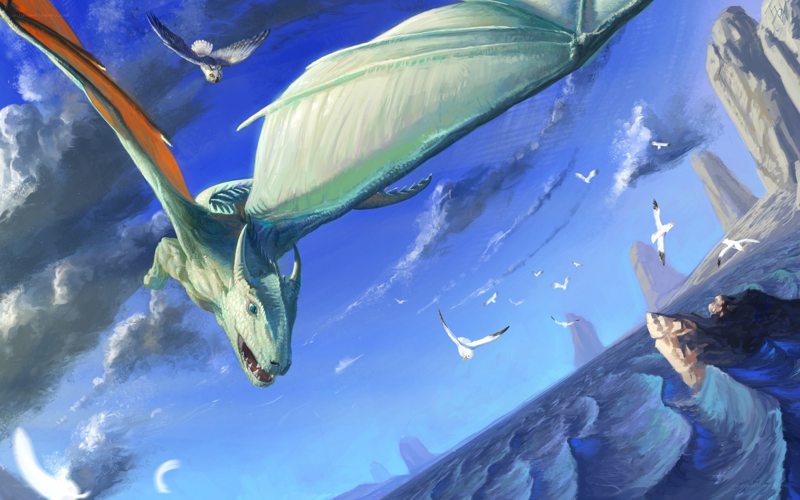 dragon flying over cliffs