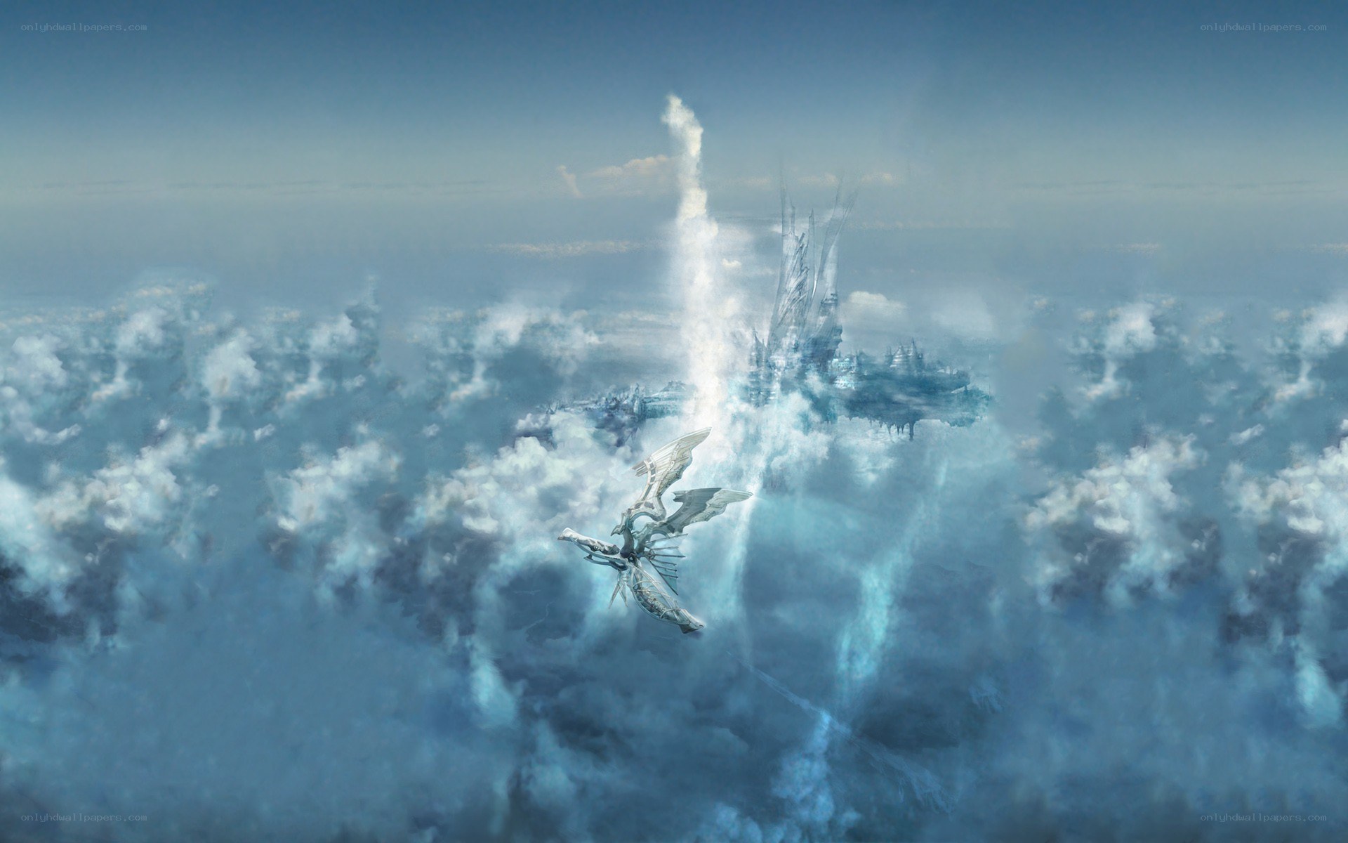 dragon flying over cloud city