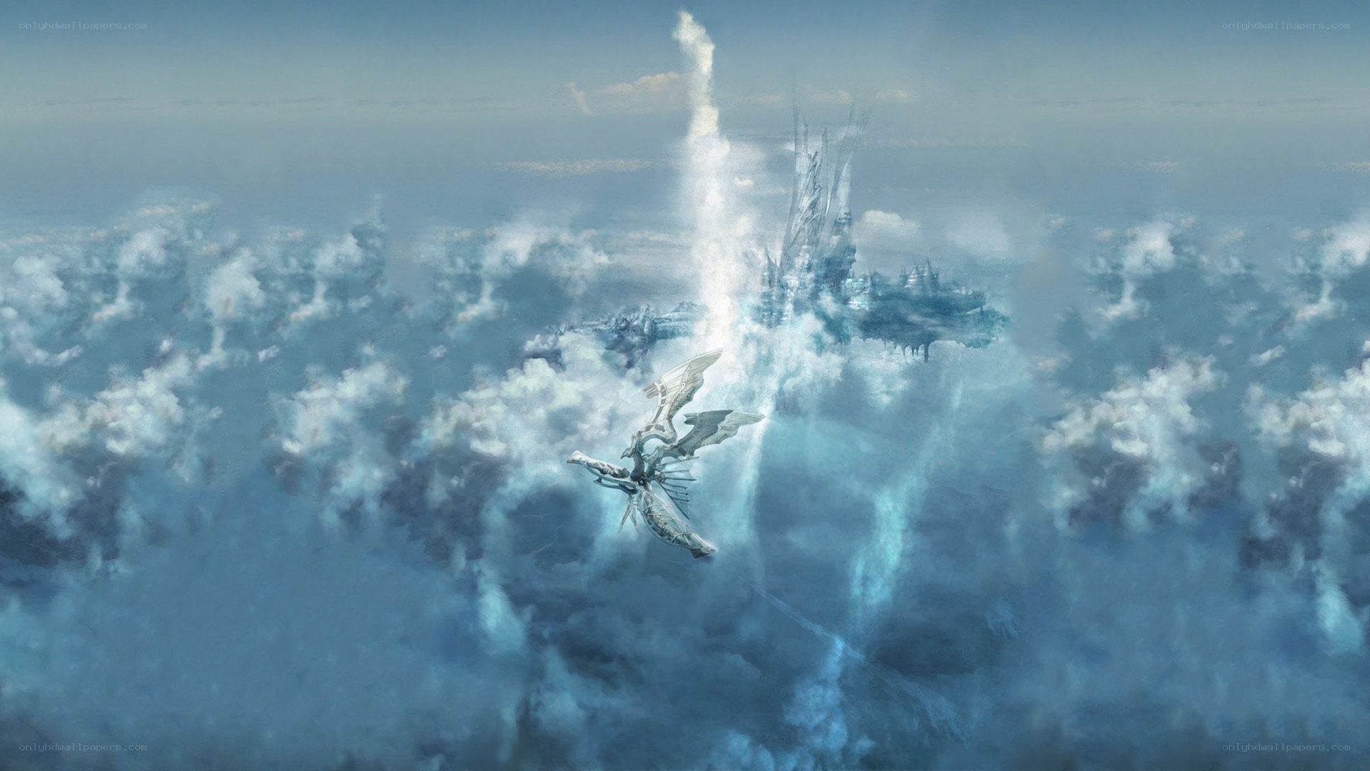 dragon flying over cloud city