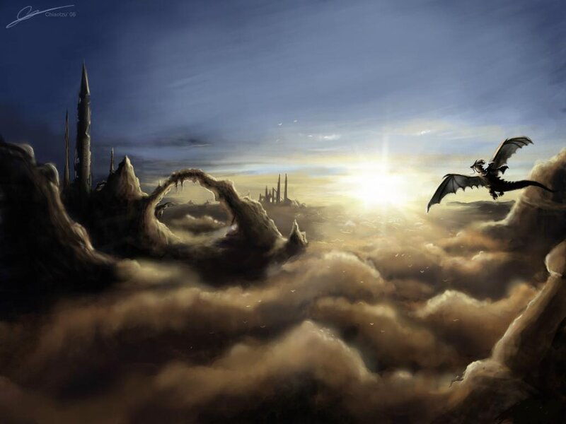 Dragon flying over clouds