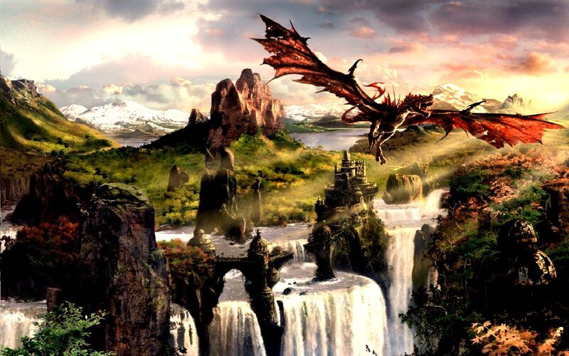 Dragon flying over fantasy landscape