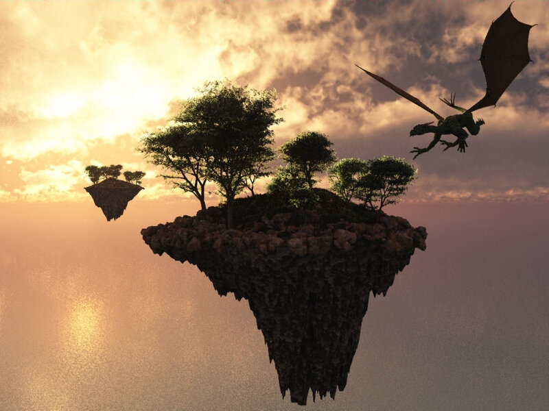 dragon flying over floating islands