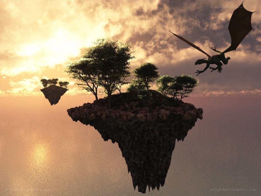 dragon flying over floating islands