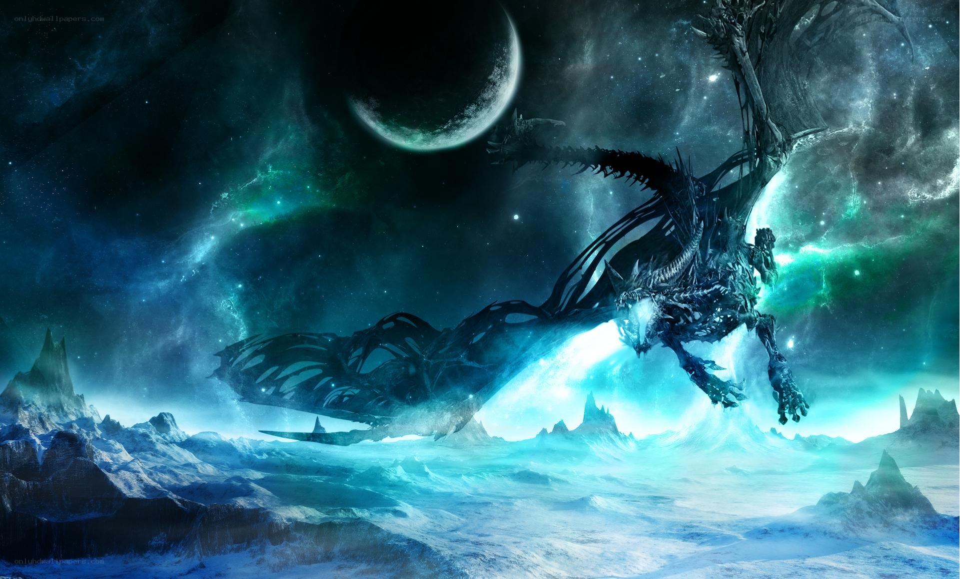dragon flying over icy planet