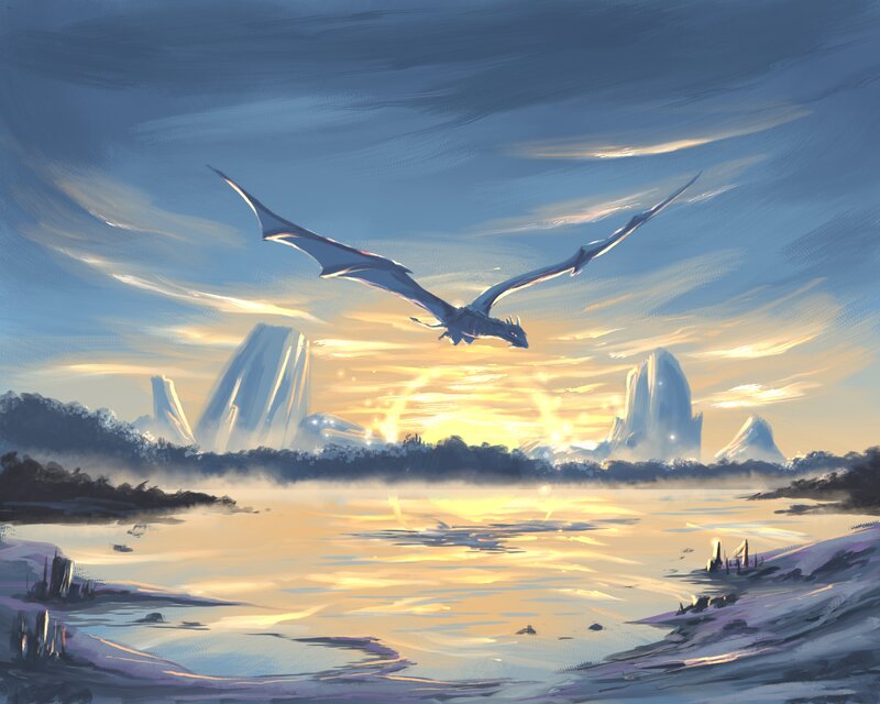 Dragon Flying over Lake — Blue, Serene