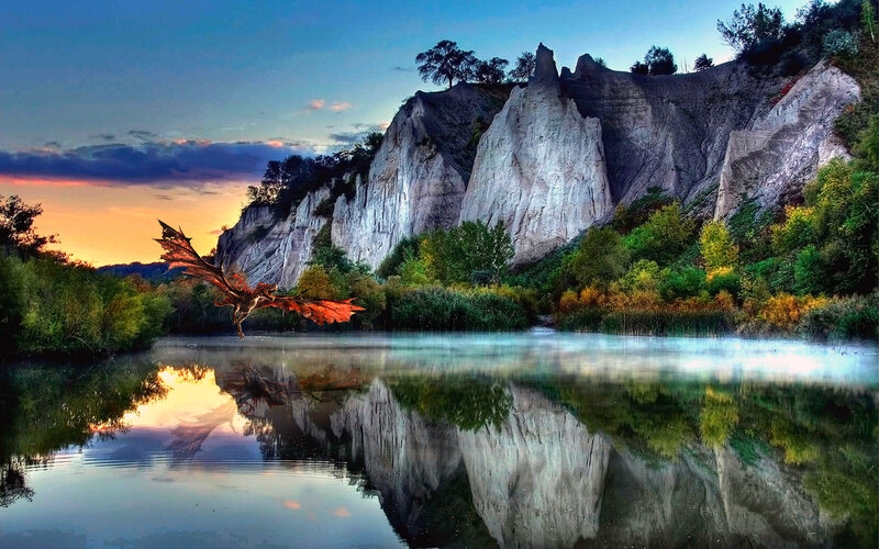 Dragon Flying over Lake — Blue