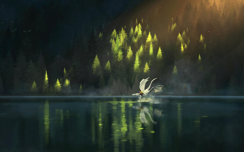 Dragon Flying over Lake — Green