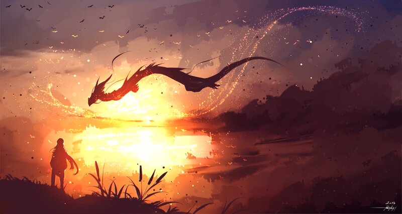 Dragon Flying over Lake — Orange