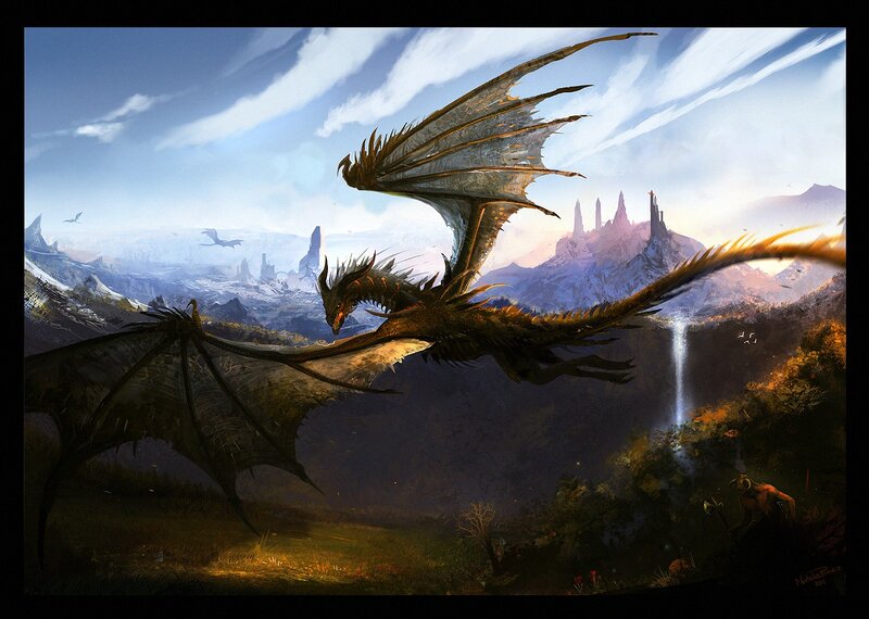 Dragon Flying over Landscape — Blue, Dramatic