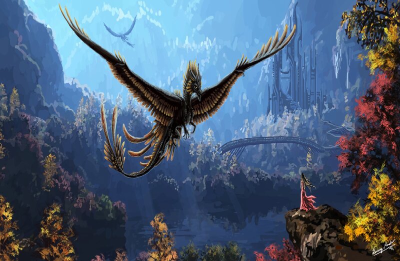 Dragon Flying over Landscape — Blue