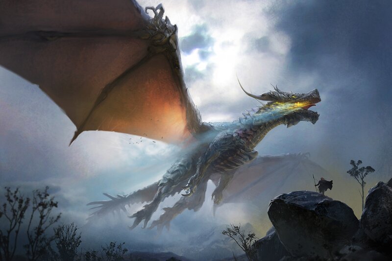 Dragon Flying over Landscape — Gray