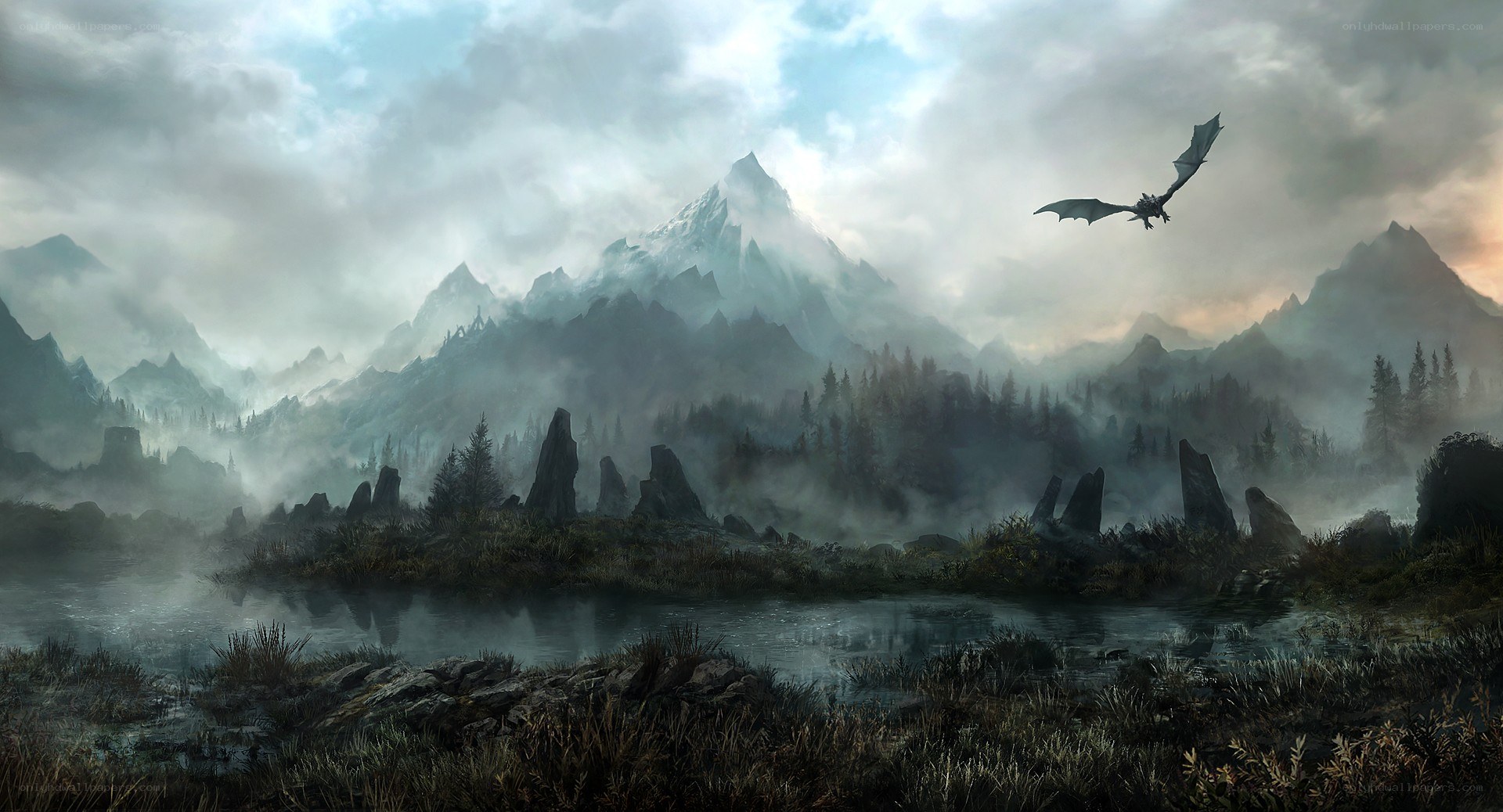 Dragon flying over misty mountains