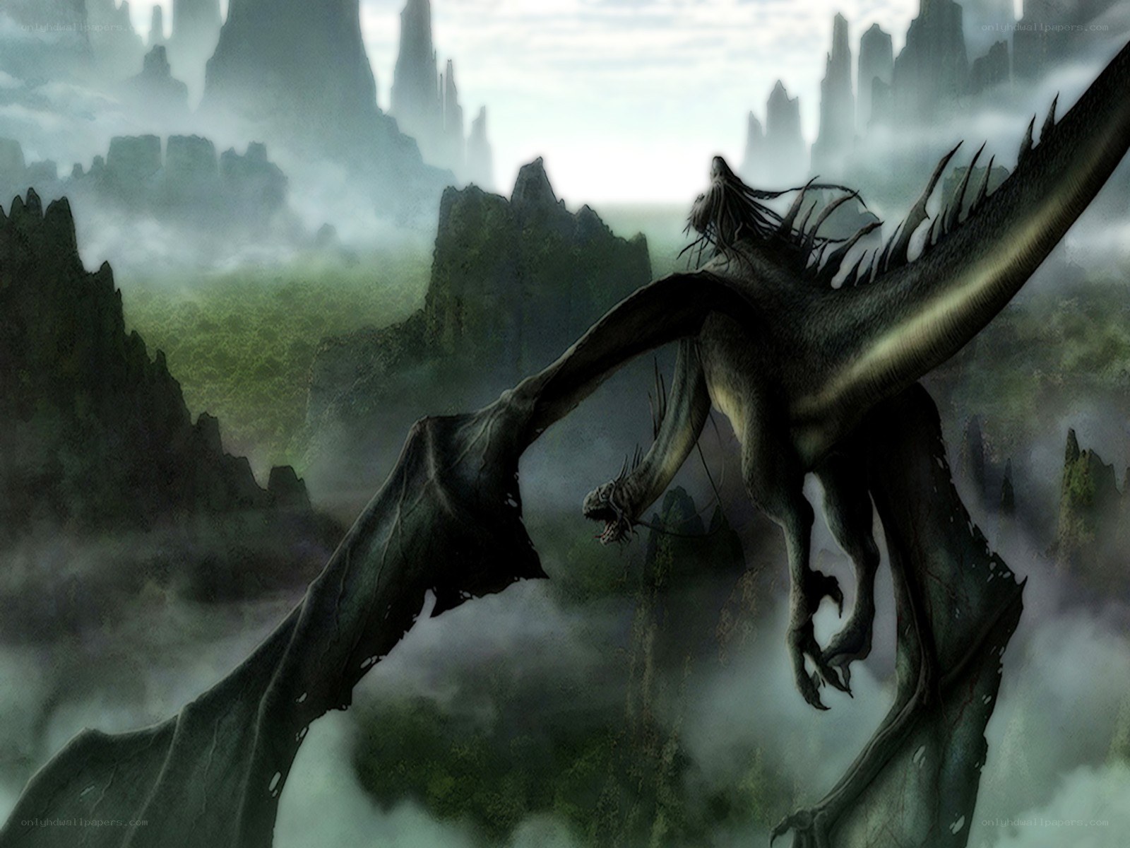 dragon flying over misty mountains
