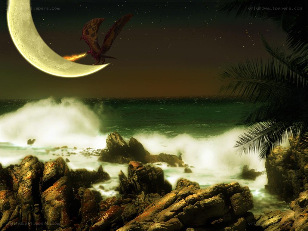 Dragon flying over moonlit coast