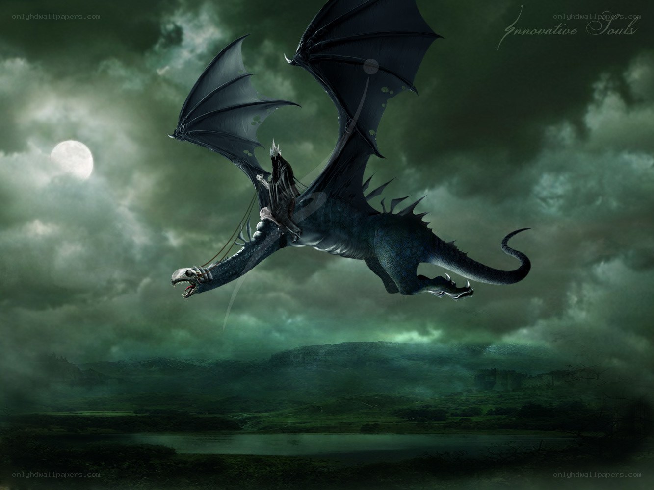 dragon flying over moonlit landscape