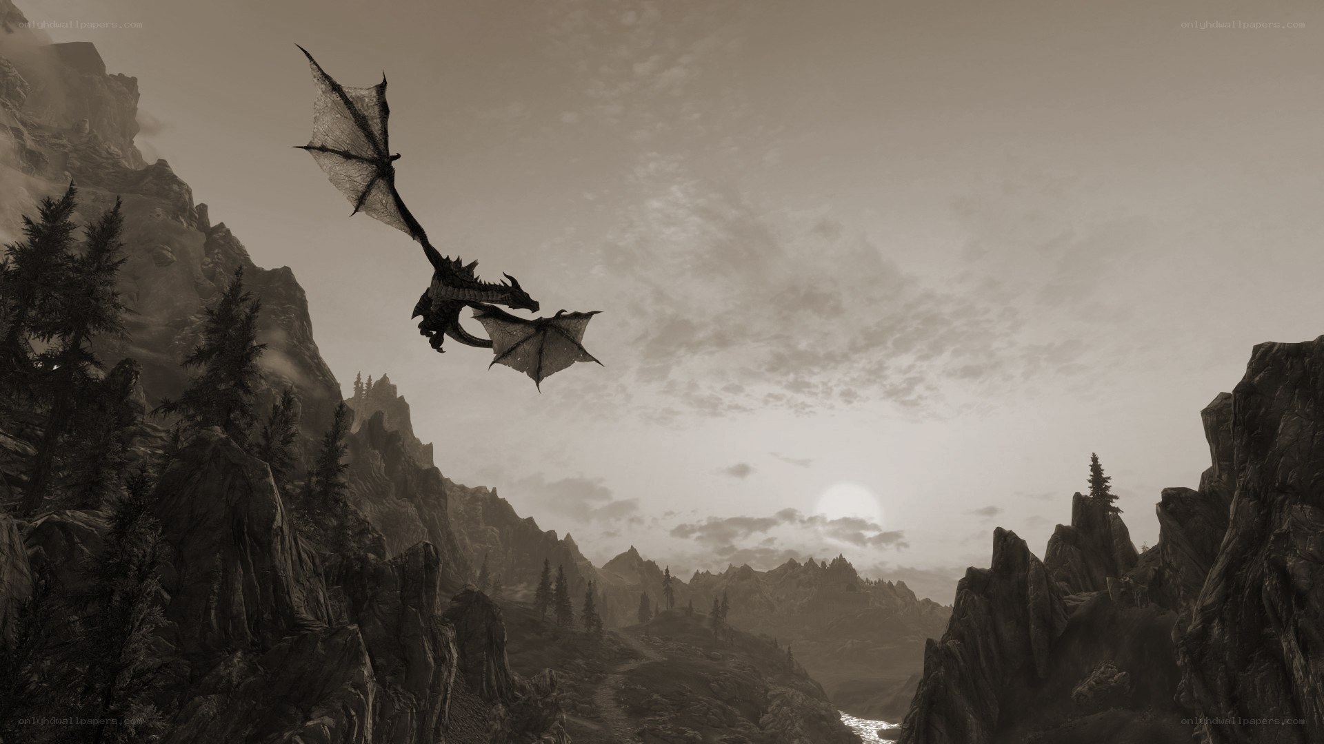 dragon flying over mountains