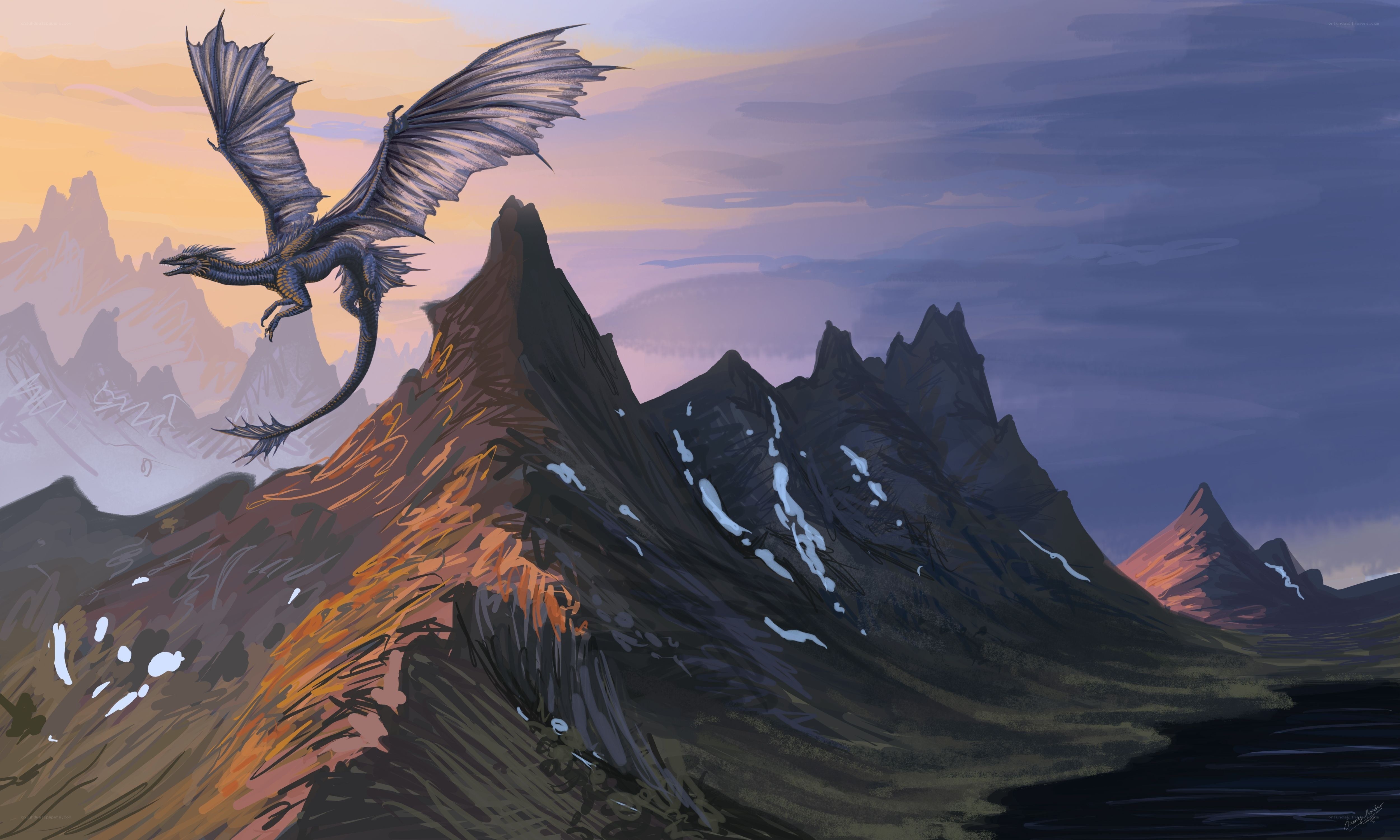 dragon flying over mountains