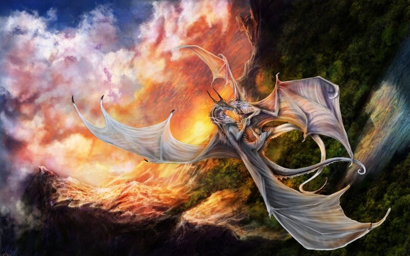dragon flying over mountains