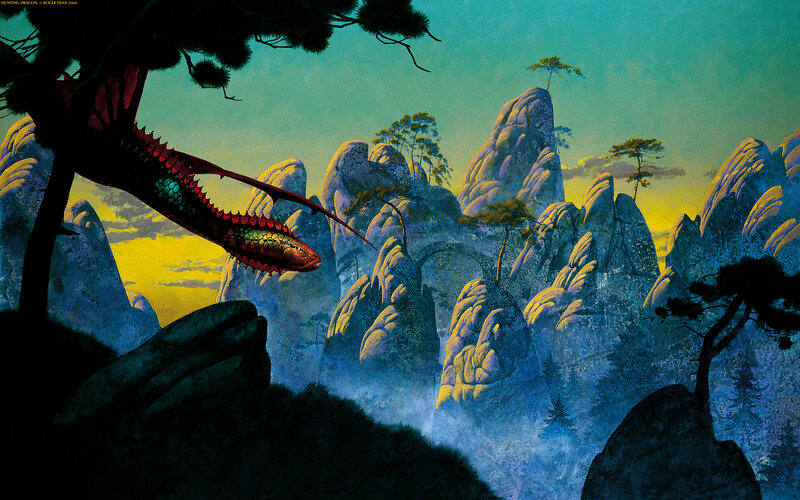 Dragon flying over mountains