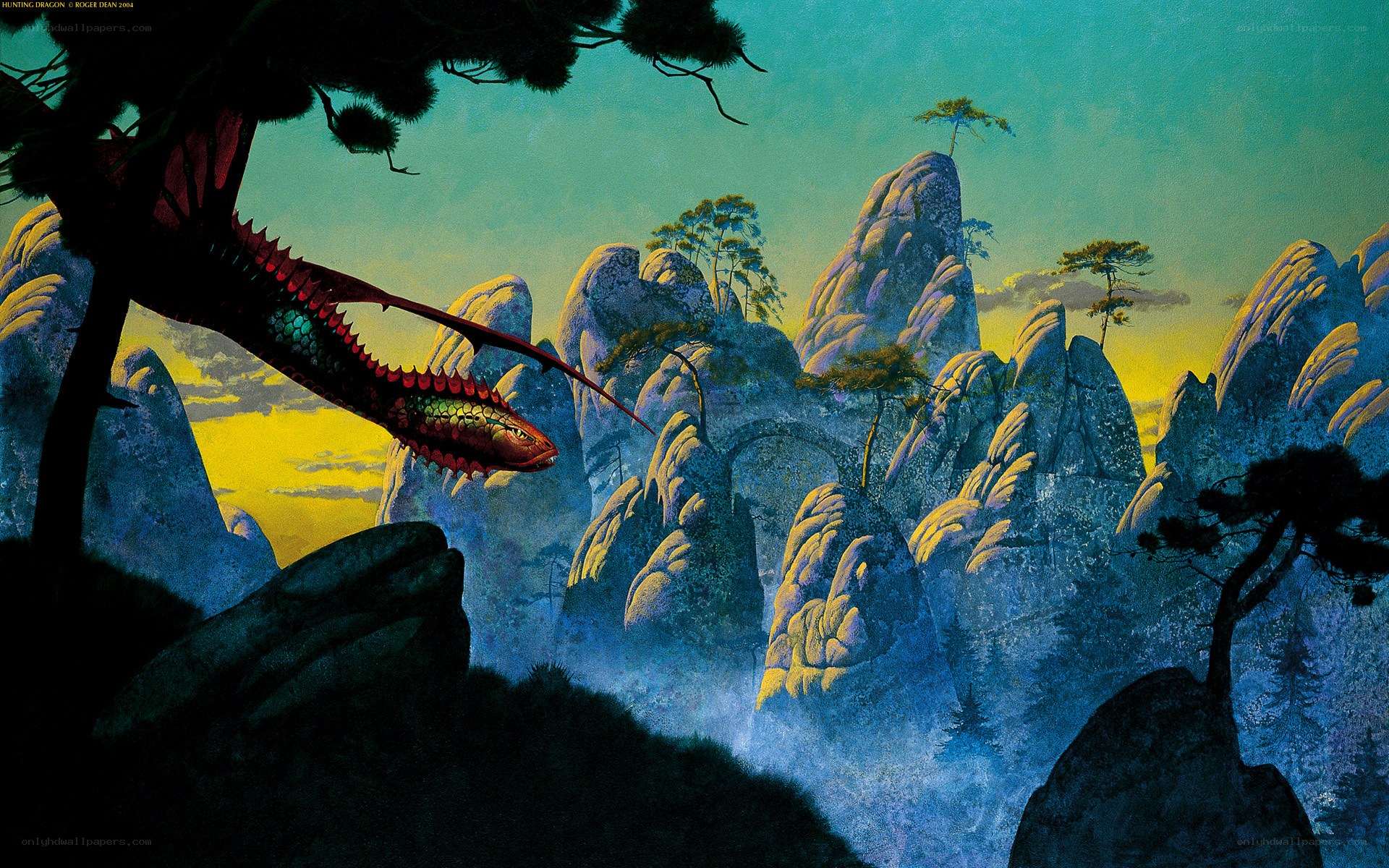 Dragon flying over mountains