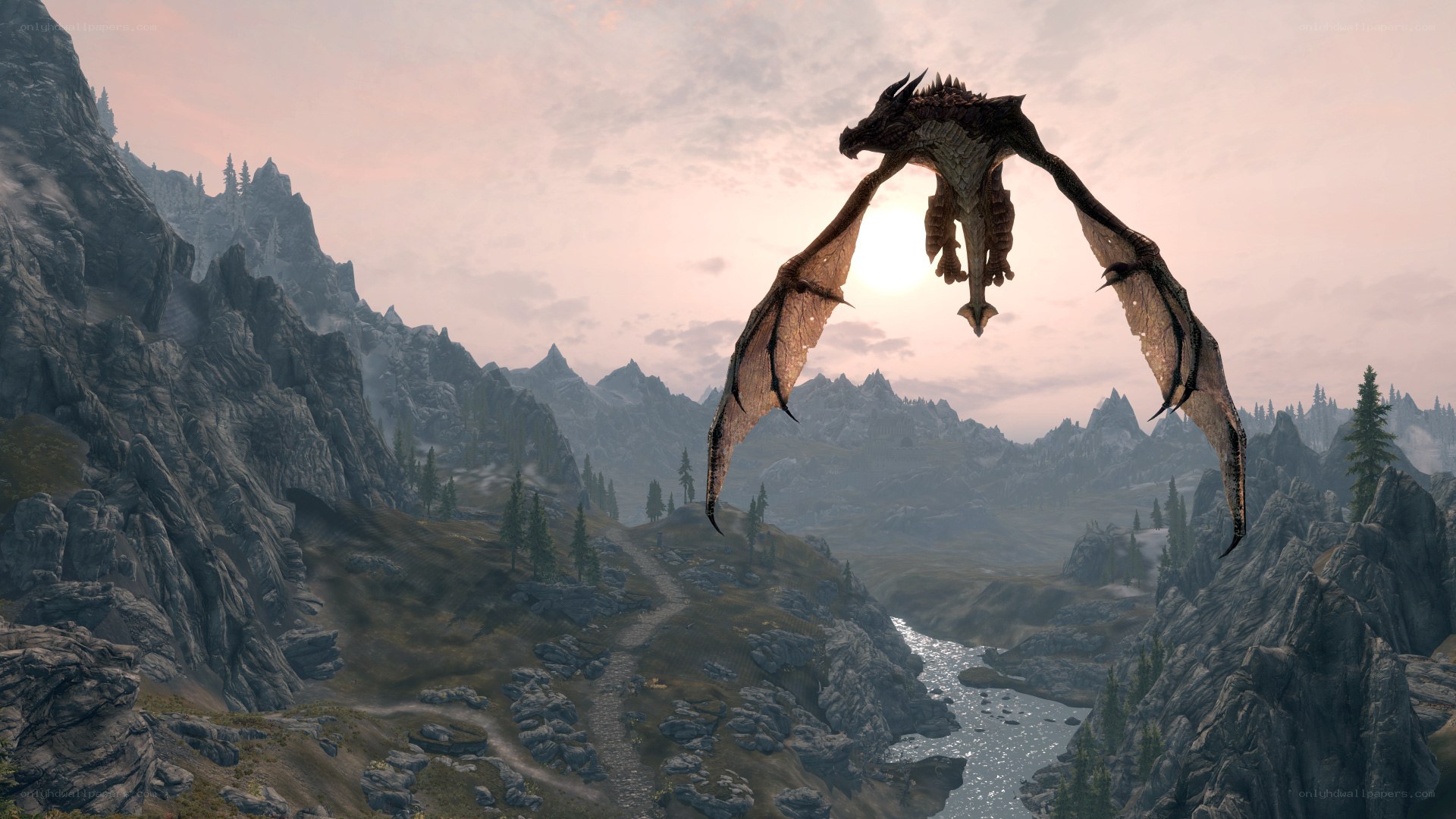 dragon flying over mountains