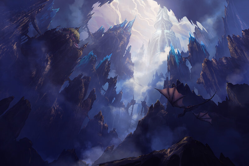 Dragon Flying over Mountains — Blue, Dramatic, Digital Art