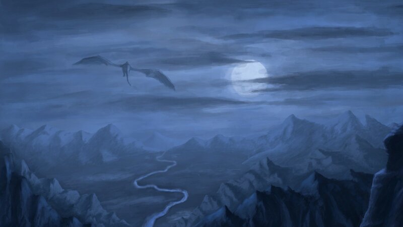 Dragon Flying over Mountains — Blue, Dramatic, Night, Digital Art, River