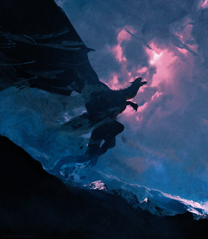 Dragon Flying over Mountains — Blue, Dramatic, Night, Digital Art