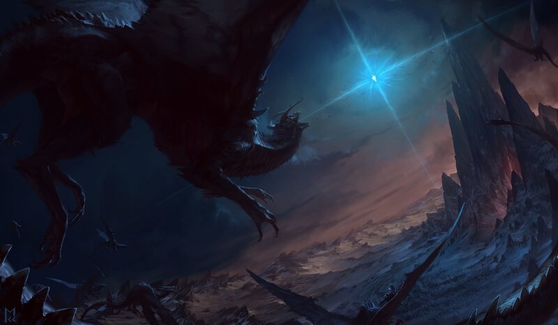 Dragon Flying over Mountains — Blue, Dramatic, Night